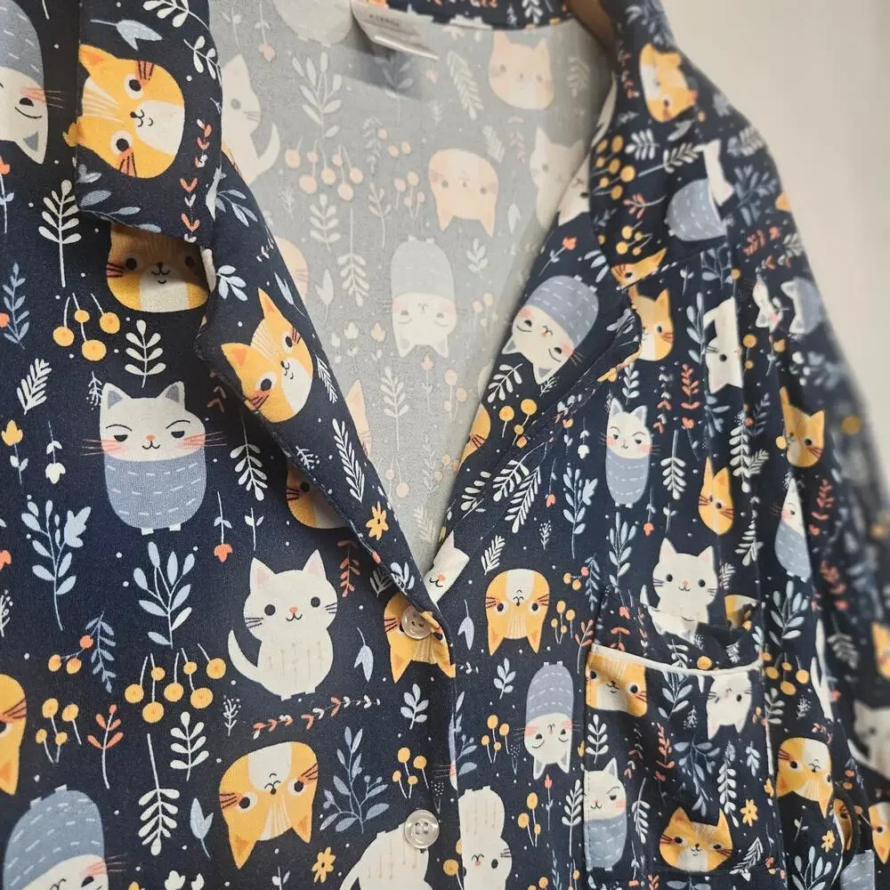 Cat Print Nightshirt Long Sleeve Button Front Sleep Dress Size XL Navy Blue